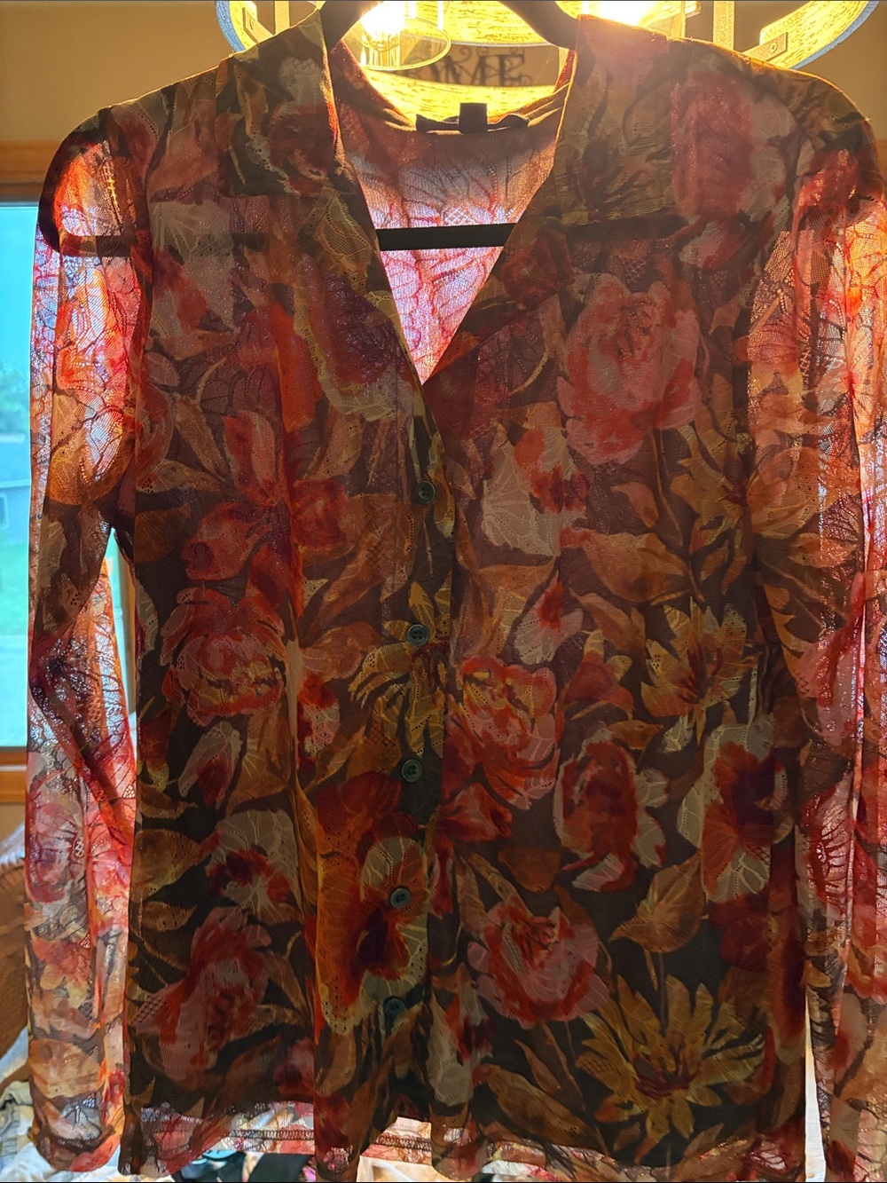 Jane and Delancey Semi Sheer Floral Button-Front Blouse - Red, Gold, Brown